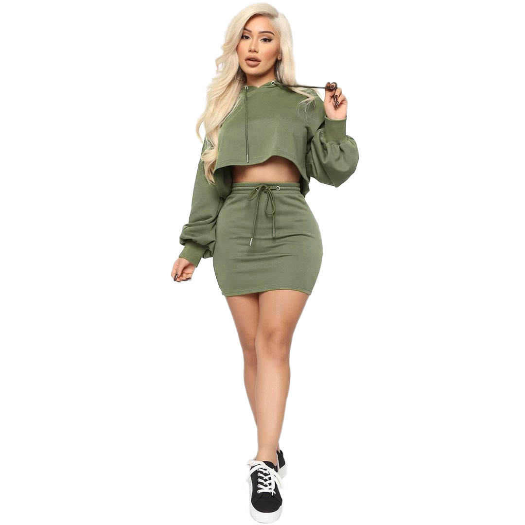 Cropped Hooded Sweater & Drawstring Skirt Set  Castello Clothing Line   