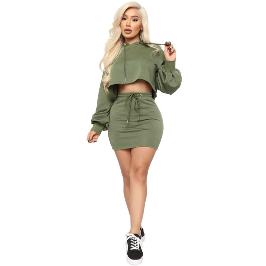 Cropped Hooded Sweater & Drawstring Skirt Set  Castello Clothing Line   