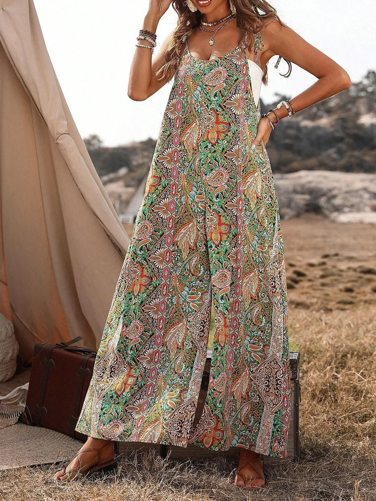 Amira Sleeveless Boho Print Wide Leg Jumpsuit women jumpsuits Castello Clothing Line