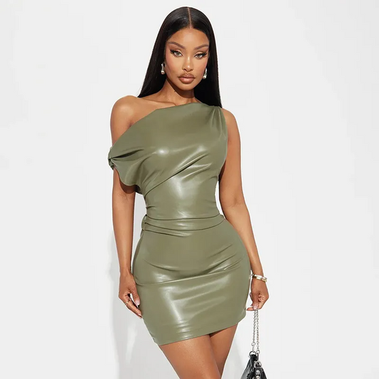 Alessia One-Shoulder Ruched Faux Leather Bodycon Mini Dress mini dress Castello Clothing Line
