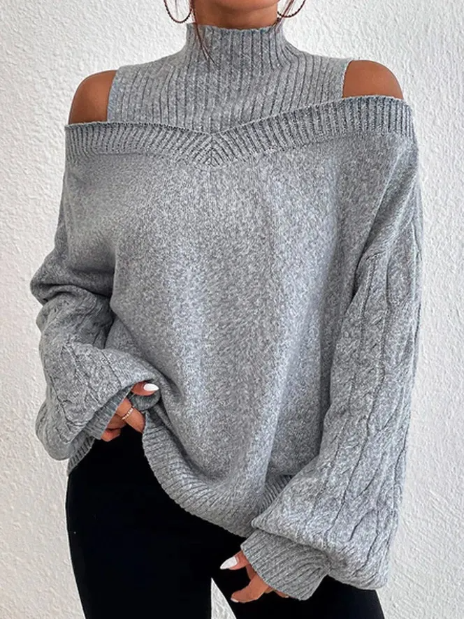 Exposed Knit Cold Shoulder Turtleneck Sweater Castello Clothing Line
