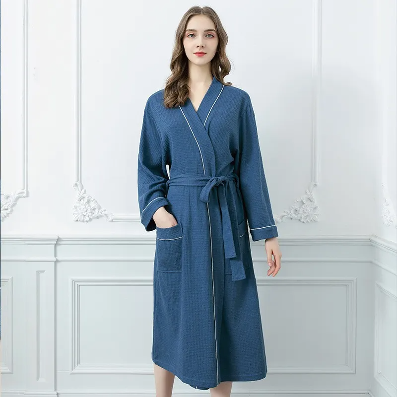 Ocean Breeze Waffle-Knit Long Cotton Robe  Castello Clothing Line   