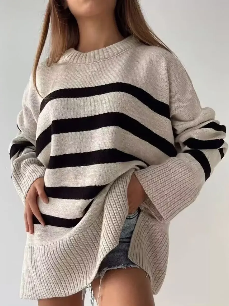 Tempo Striped Oversized Knit Long Sleeve Sweater Castello Clothing Line