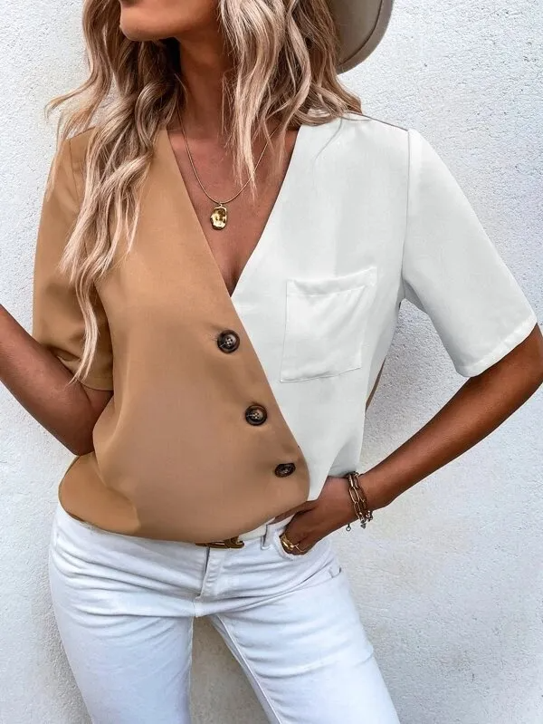 Game On Two-Tone V-Neck Button-Up Short Sleeve Top Castello Clothing Line