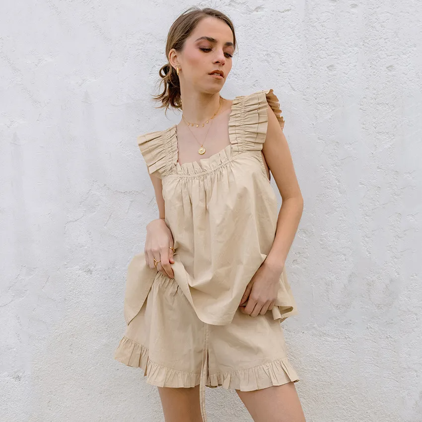 Frilly Whispers Ruffle Strap Top & Lounge Shorts Set  Castello Clothing Line   