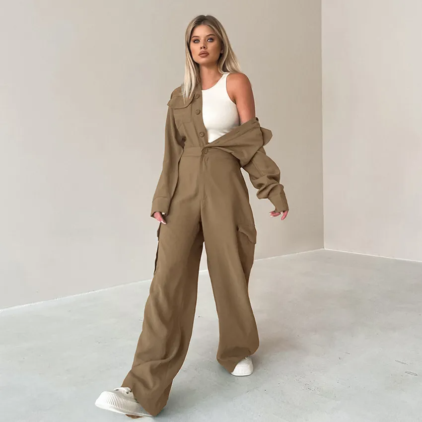 Madison Long Sleeve Utility Cargo Wide Leg Jumpsuit utility jumpsuit Castello Clothing Line