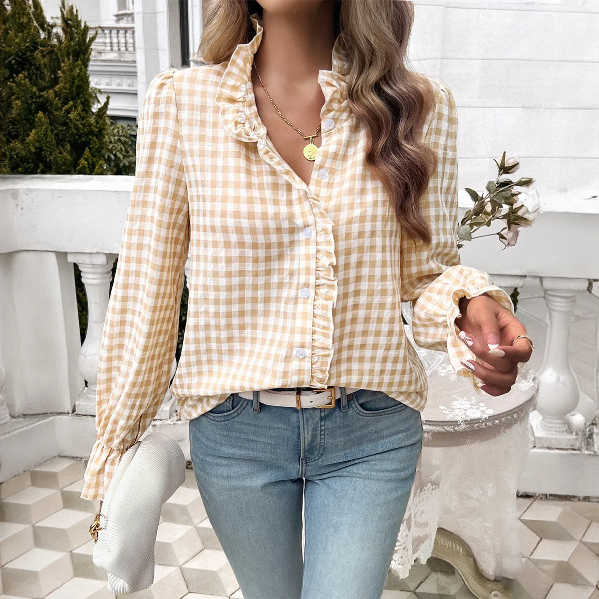 Checkmate Ruffle Long Sleeve Button-Up Blouse  Castello Clothing Line   
