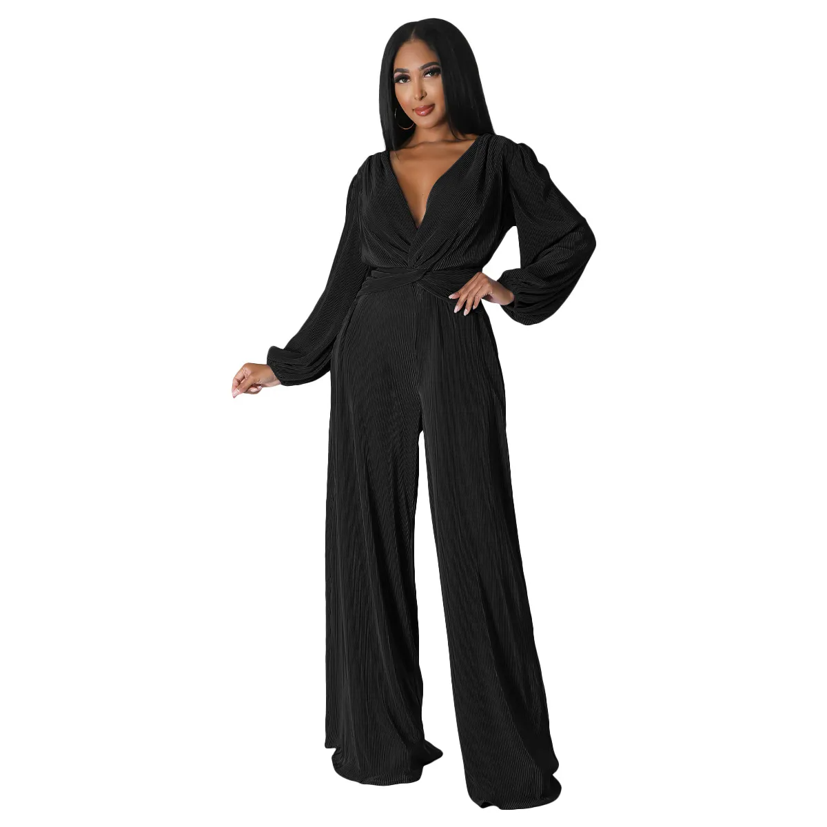 Addy Long Sleeve Plisse Twist Front Wide Leg Jumpsuit women jumpsuits Castello Clothing Line