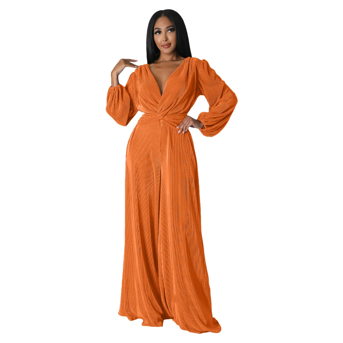 Addy Long Sleeve Plisse Twist Front Wide Leg Jumpsuit women jumpsuits Castello Clothing Line