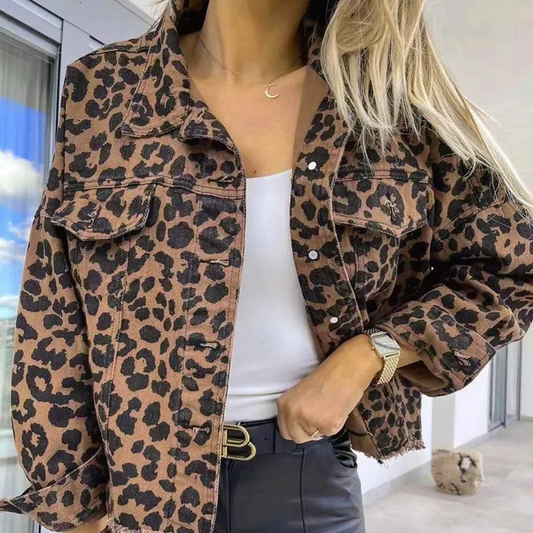 Savanna Animal Print Button-Up Cropped Denim Jacket Castello Clothing Line