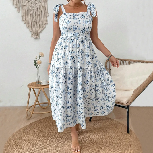 Caroline Plus Floral Print Tie Strap Tiered A-Line Midi Dress mini dress Castello Clothing Line