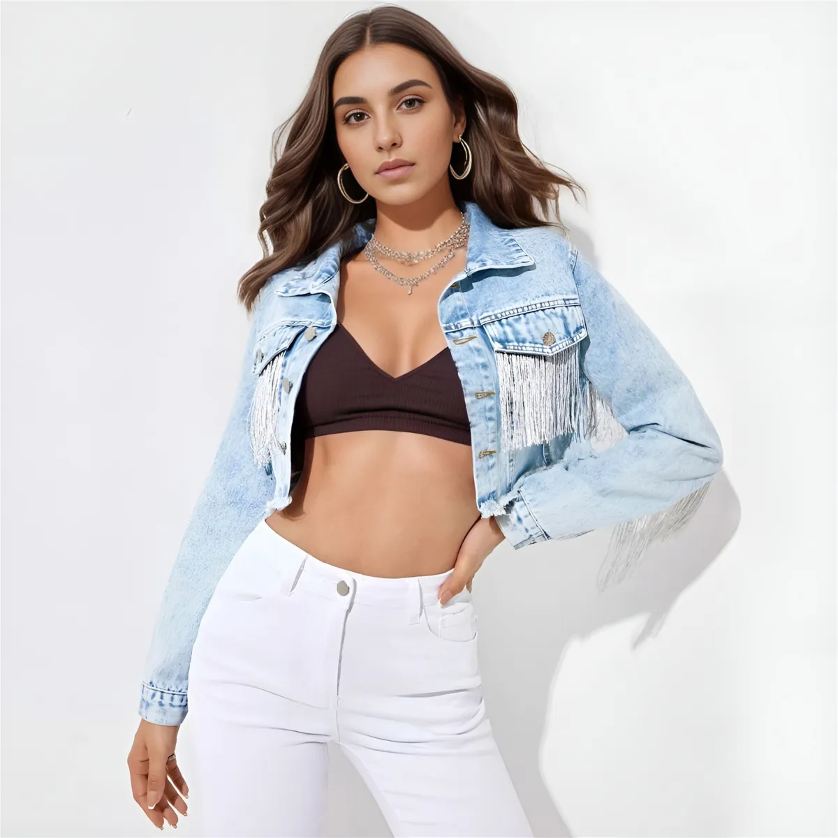 Feral Fringe Distressed Cropped Denim Jacket Castello Clothing Line