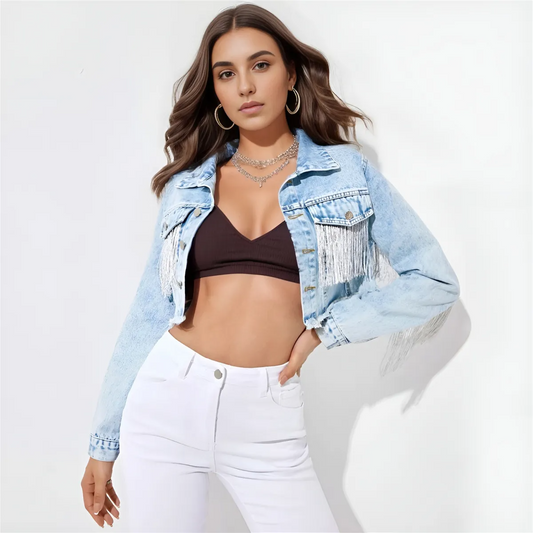 Feral Fringe Distressed Cropped Denim Jacket Castello Clothing Line