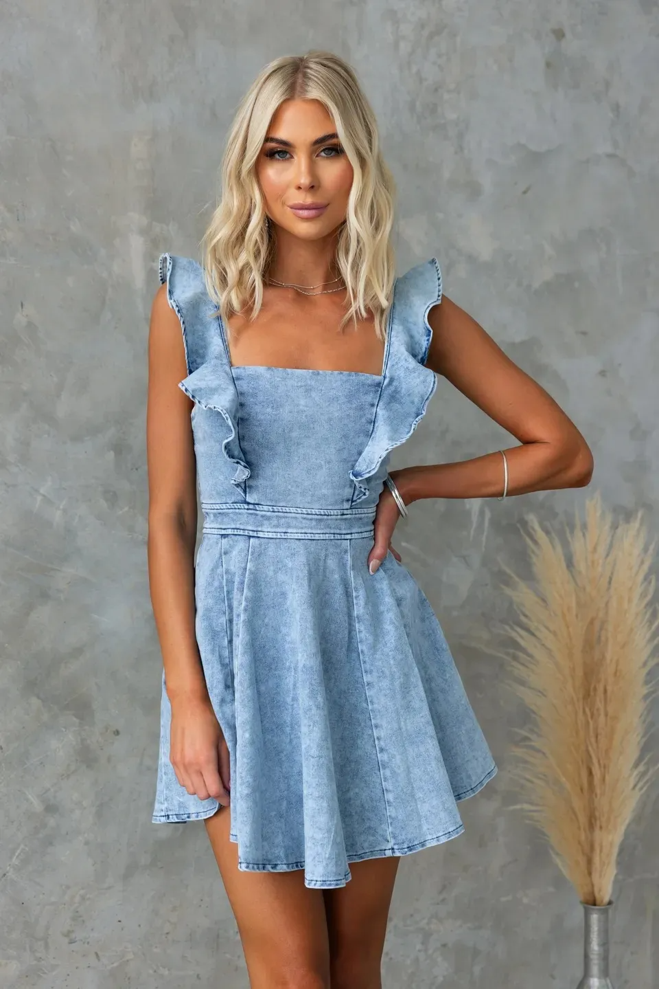Lulu Ruffle Strap Square Neck Denim Skater Mini Dress mini dress Castello Clothing Line
