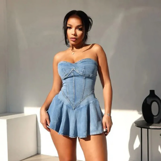 Imani Strapless Corset Flared Denim Mini Dress Castello Clothing Line
