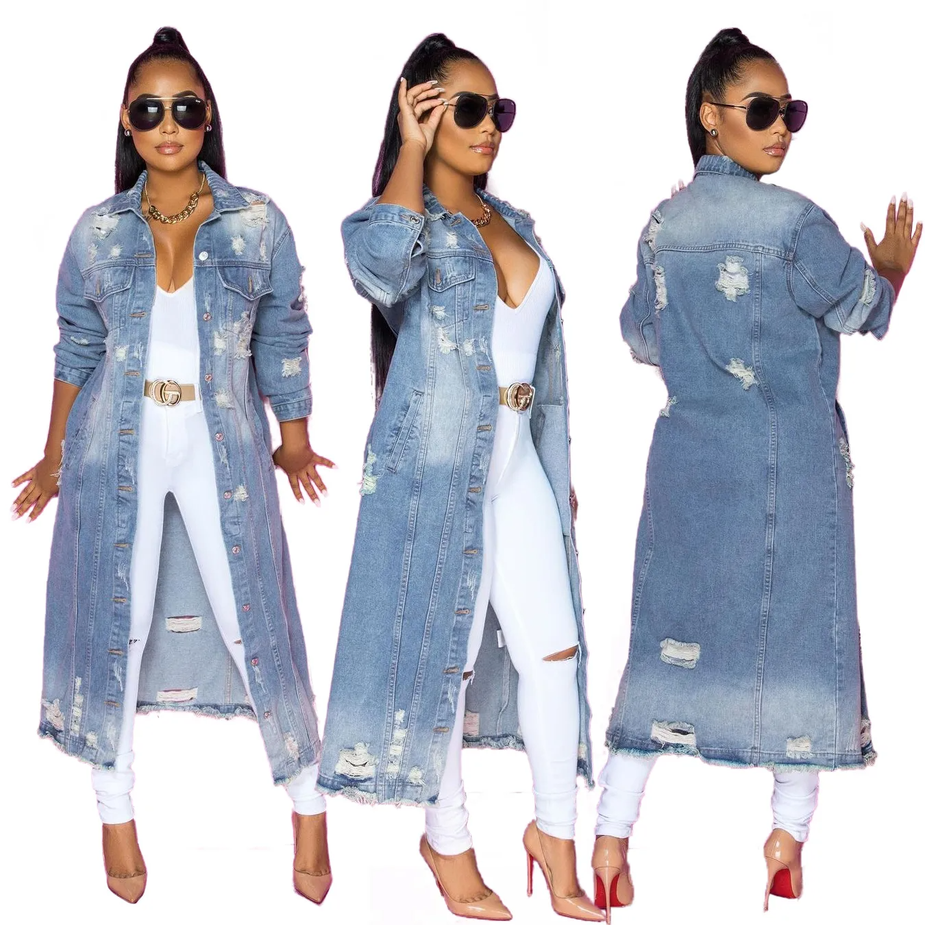 StrutLine Distressed Longline Button-Up Long Sleeve Denim Jacket Castello Clothing Line