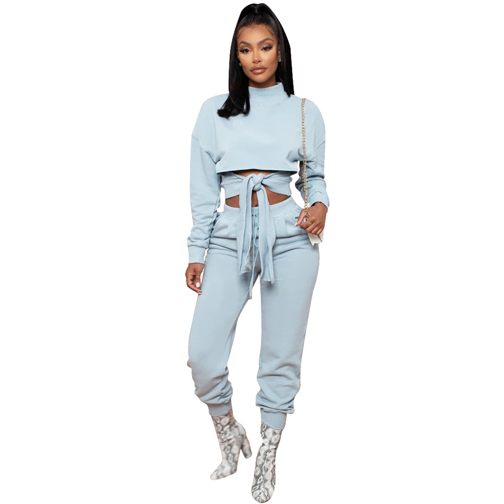 Cropped Sweater Top and Pants Set with Cut Out Sleeves and Front Tie  Castello Clothing Line   