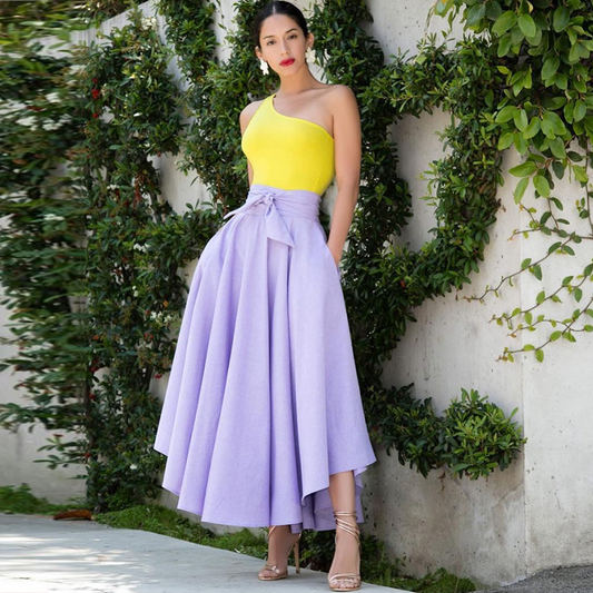 High Waist Asymmetrical Bandage Maxi Skirt - Flare Cut, Pocket Detail  Castello Clothing Line   
