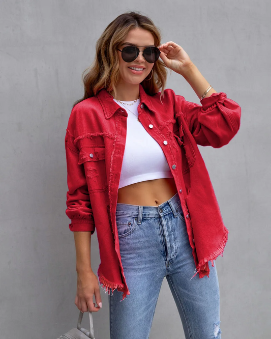 BlushEdge Distressed Frayed Hem Button-Up Denim Shacket Castello Clothing Line