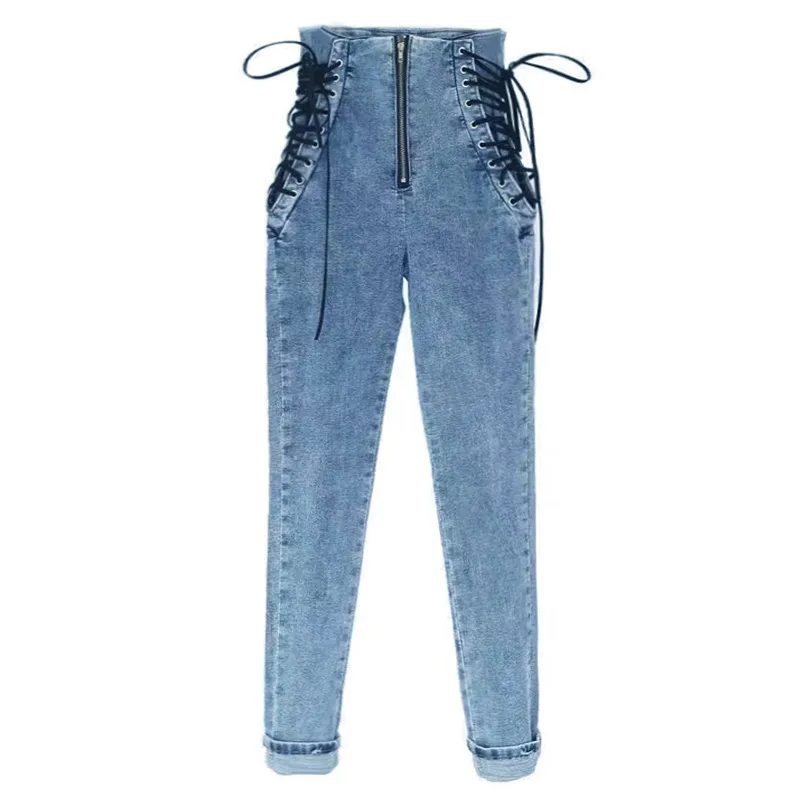 High Waist Lace Up Skinny Jeans  Castello Clothing Line   