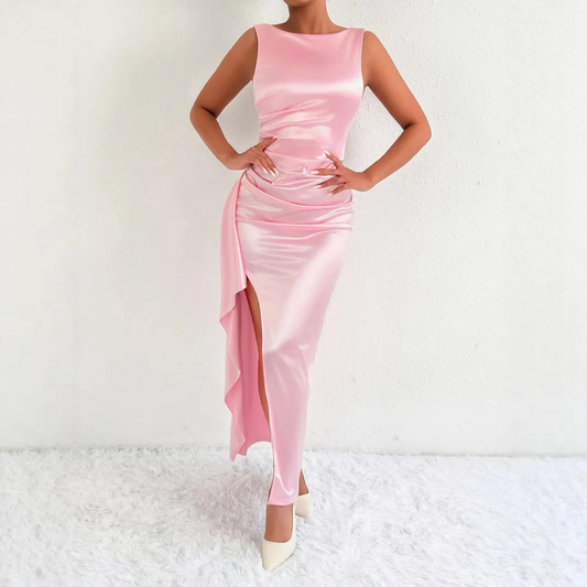 Taz Ruched Bodycon Low Back Slit Satin Maxi Dress maxi dress Castello Clothing Line