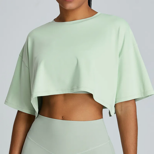 Fia Oversized Short Sleeve Asymmetrical Cropped T-Shirt sports top & bras Castello Clothing Line