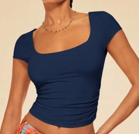 Vera Square Neck Short Sleeve Fitted Crop Top  Castello Clothing Line   