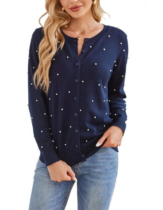 Orbit Button-Up Pearl Embellished Knit Cardigan Sweater Castello Clothing Line