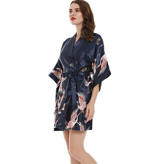 Celestial Crane Short Satin Kimono Robe  Castello Clothing Line   