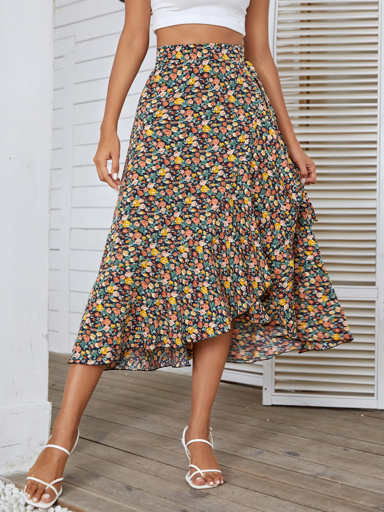 High Waist Floral Ruffle Wrap Skirt - Elegant and Trendy Midi Skirt with Chic Flower Print, Side Tie - Polyester/Spandex Blend  Castello Clothing Line   