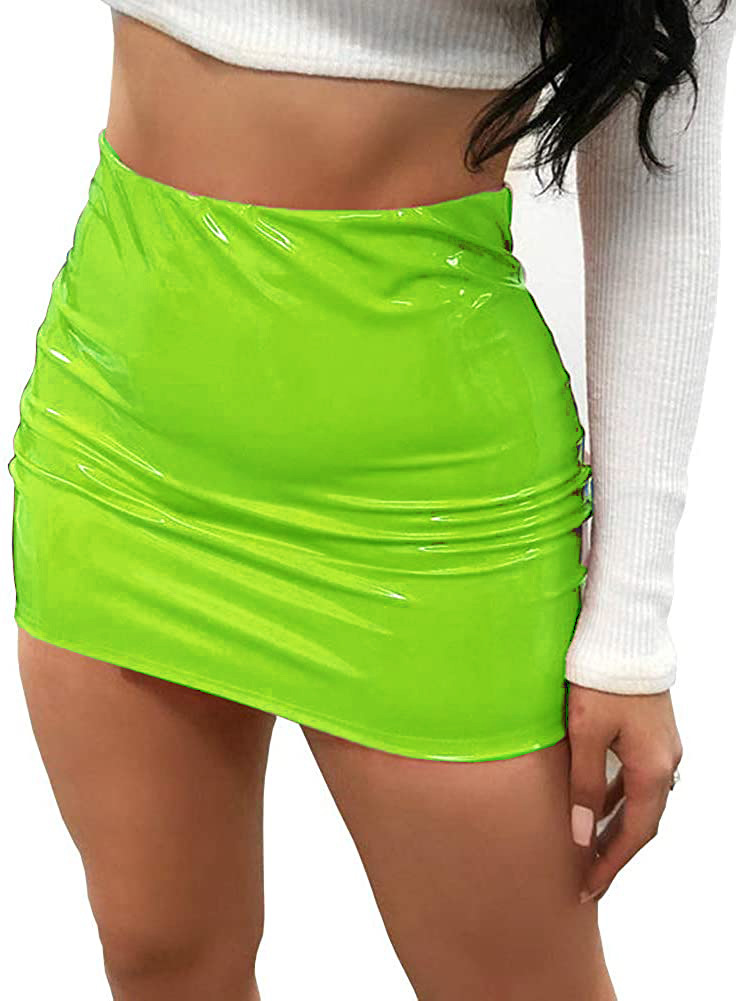 High Waisted Shiny Faux Leather Mini Skirt - Slim Fit & Stretch Waistband  Castello Clothing Line   