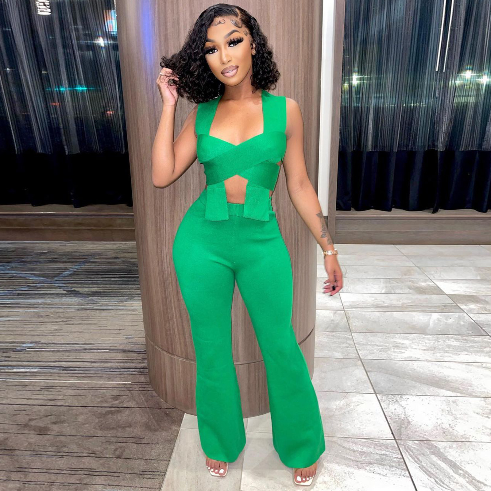 Cutout Bandage Top & High Waist Wide Leg Pants Set  Castello Clothing Line   