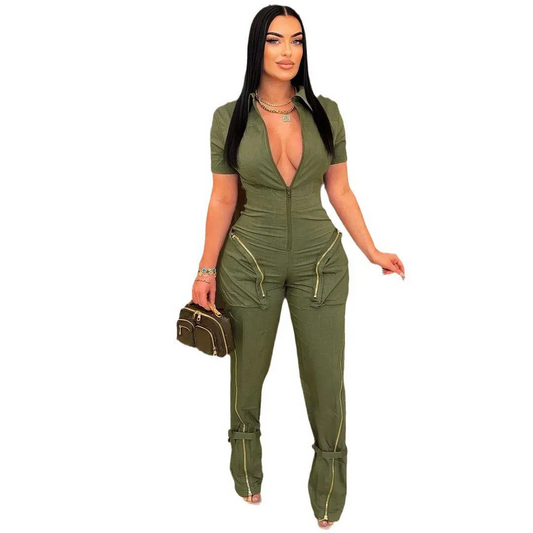 Norah Short Sleeve Zip Front Cargo Straight Leg Jumpsuit utility jumpsuit Castello Clothing Line