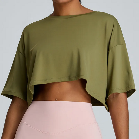 Zephyr Boxy Fit Asymmetric Hem Short Sleeve Crop Top workout tops and t-shirts Castello Clothing Line