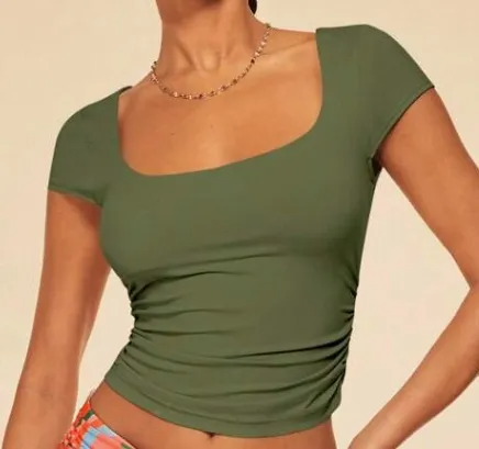 Vera Square Neck Short Sleeve Fitted Crop Top  Castello Clothing Line   