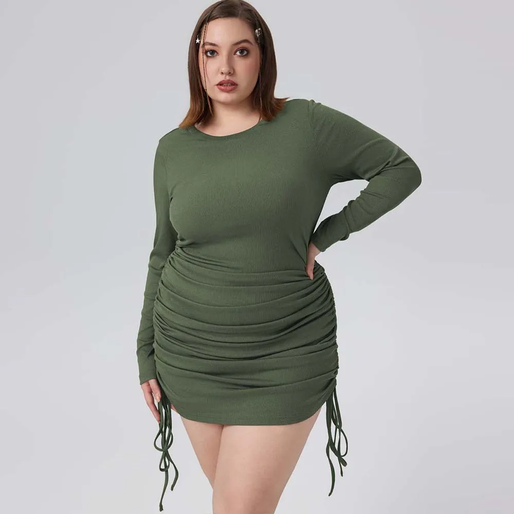 Quinn Ruched Drawstring Long Sleeve Ribbed Mini Dress Castello Clothing Line