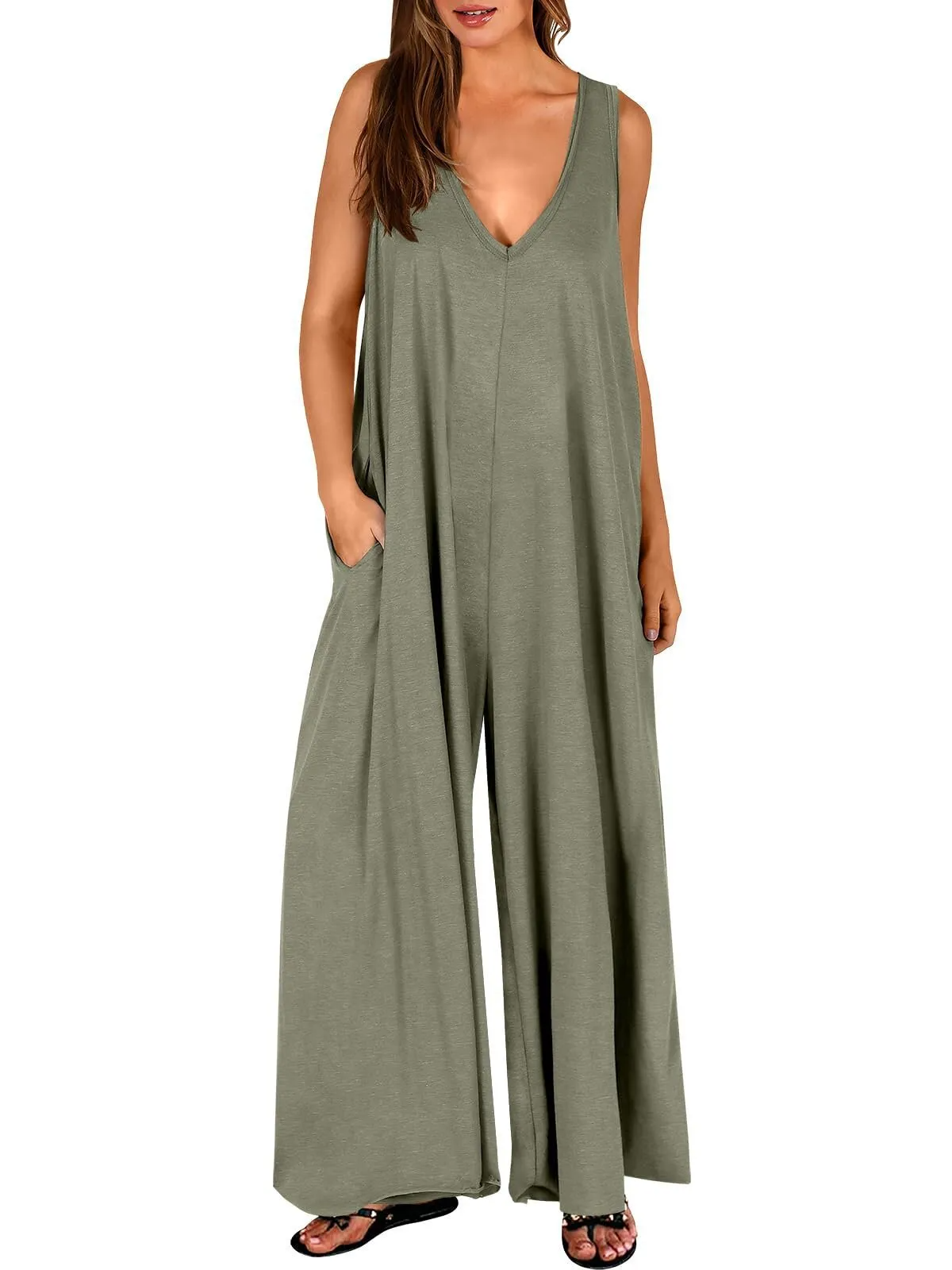 Hannah Sleeveless Deep V-Neck Oversized Wide Leg Jumpsuit women jumpsuits Castello Clothing Line