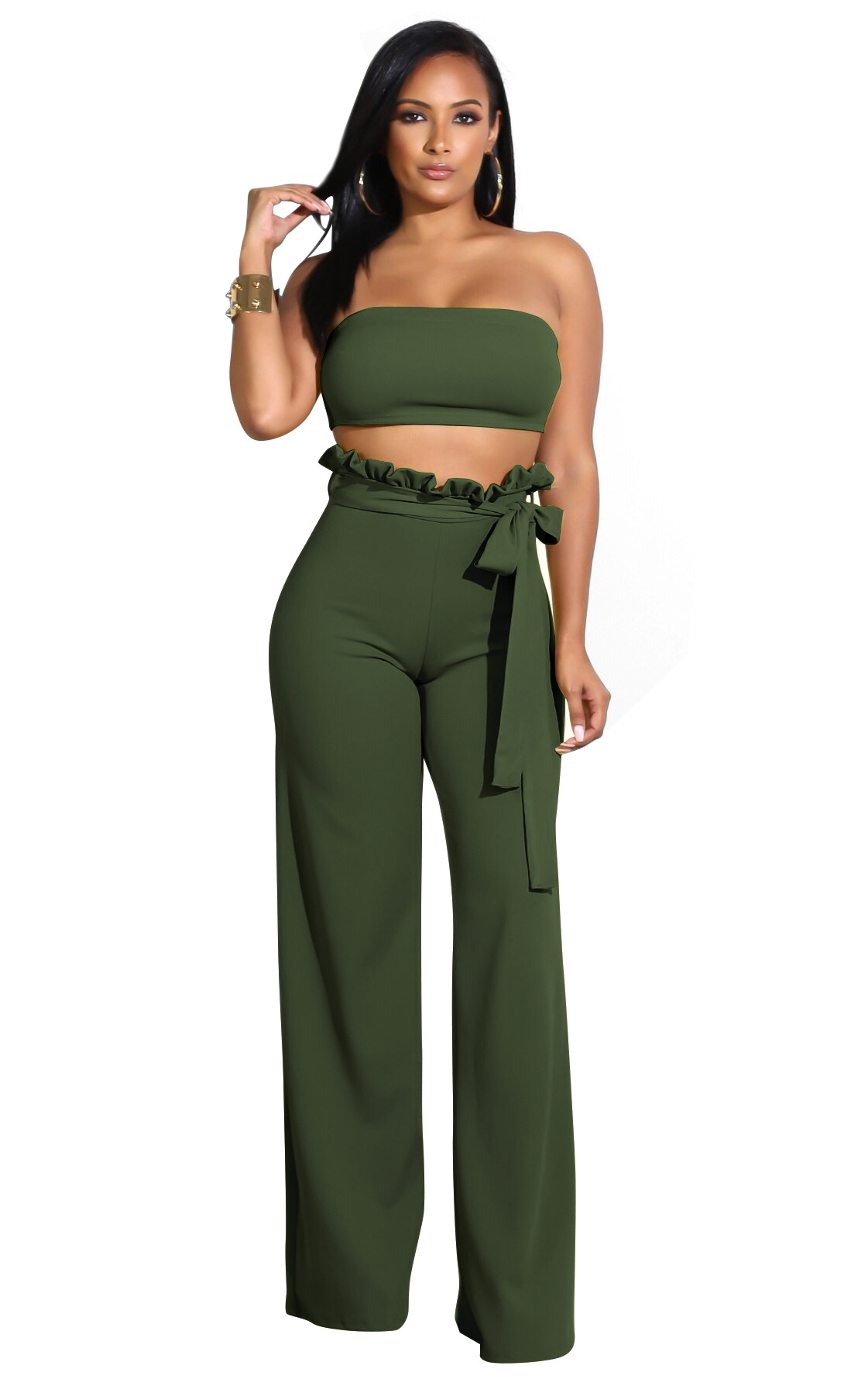 Bandeau Top & Ruffle High-Waist Wide-Leg Pant Set  Castello Clothing Line   