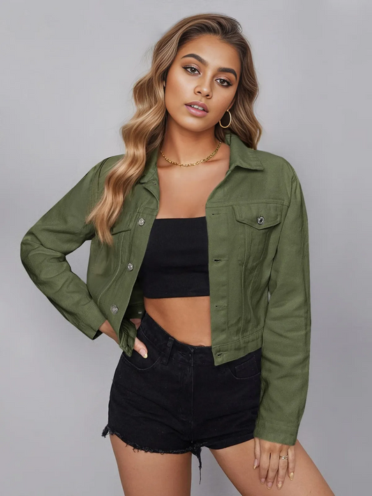 Momentum Cropped Button-Up Jean Jacket Castello Clothing Line