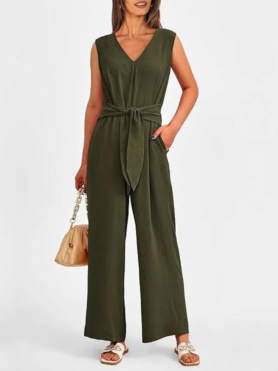 Genesis Sleeveless V-Neck Belted Wide-Leg Jumpsuit women jumpsuits Castello Clothing Line