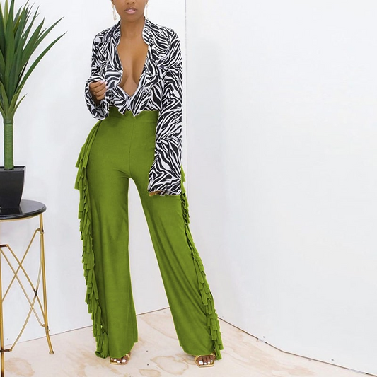 Lola High-Waisted Wide Leg Fringe Trim Pants Castello Clothing Line