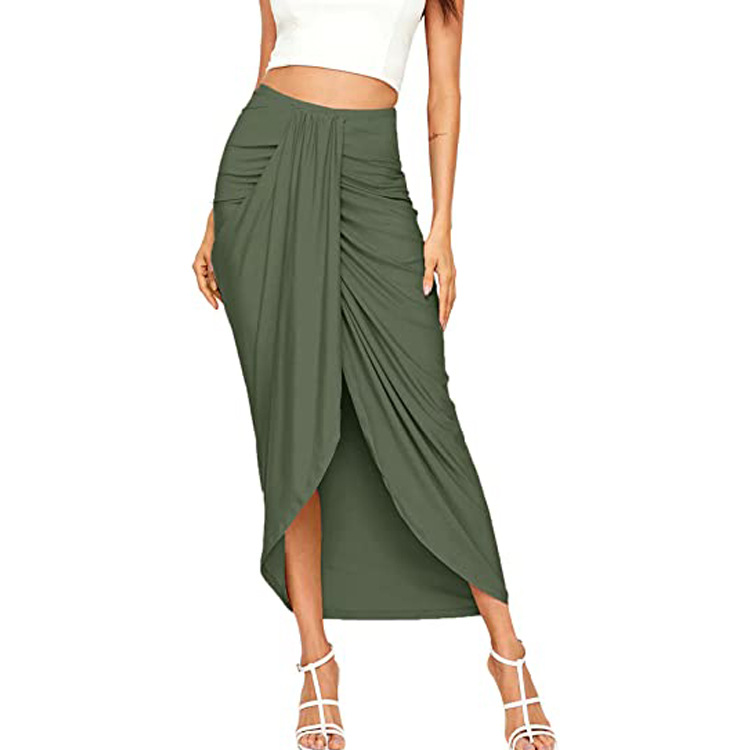 High Waist Asymmetrical Wrap Skirt with Elastic Waist in Milk Fiber/Polyester - Flattering Midi Length  Castello Clothing Line   