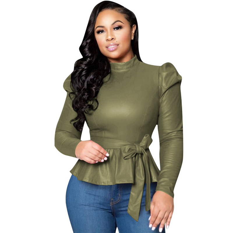 Envy Faux Leather Puff Sleeve Tie-Waist Peplum Top Castello Clothing Line