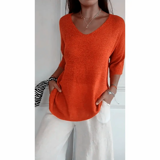 Tango V-Neck Relaxed Knit 3/4 Sleeve Sweater Top Castello Clothing Line