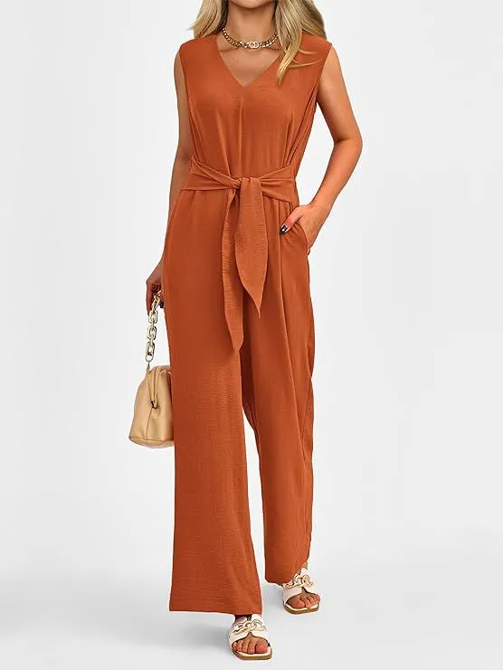 Genesis Sleeveless V-Neck Belted Wide-Leg Jumpsuit women jumpsuits Castello Clothing Line