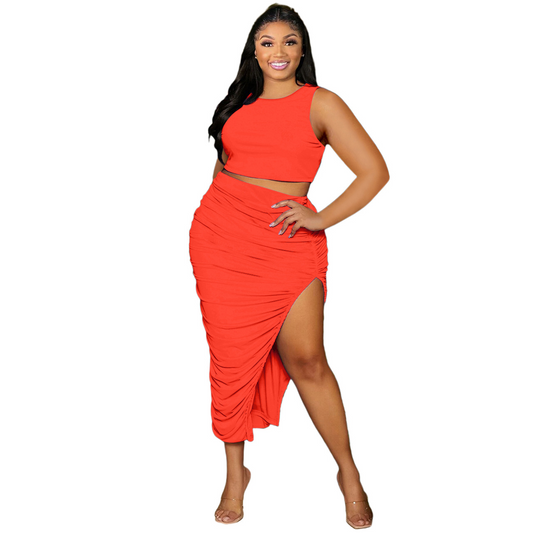 Plus Size High Slit Skirt Set with Ruched Detailing  Castello Clothing Line   