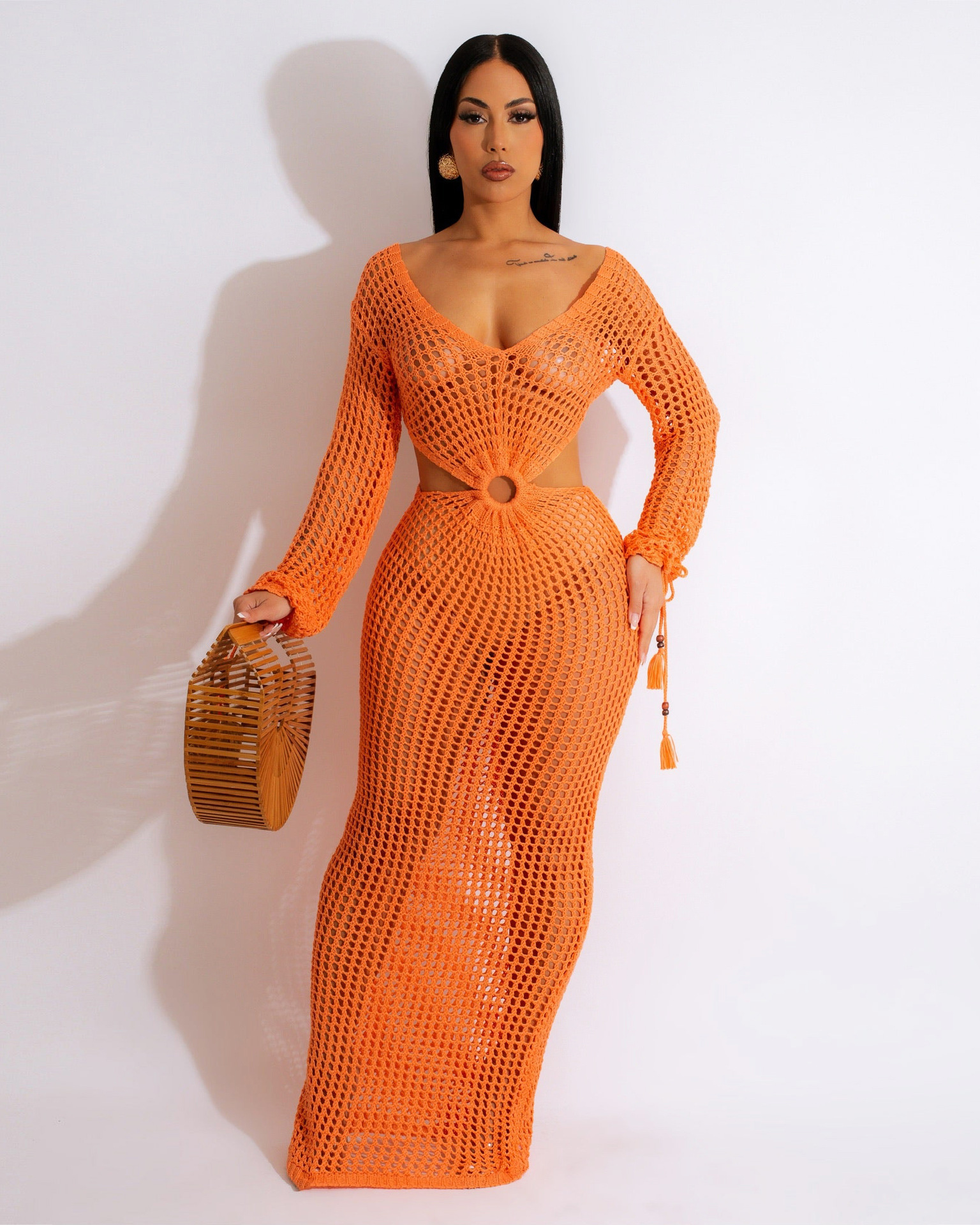 Veda Long Sleeve Crochet Cutout Sheer Maxi Dress Castello Clothing Line