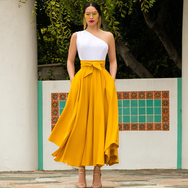 High Waist Asymmetrical Bandage Maxi Skirt - Flare Cut, Pocket Detail  Castello Clothing Line   