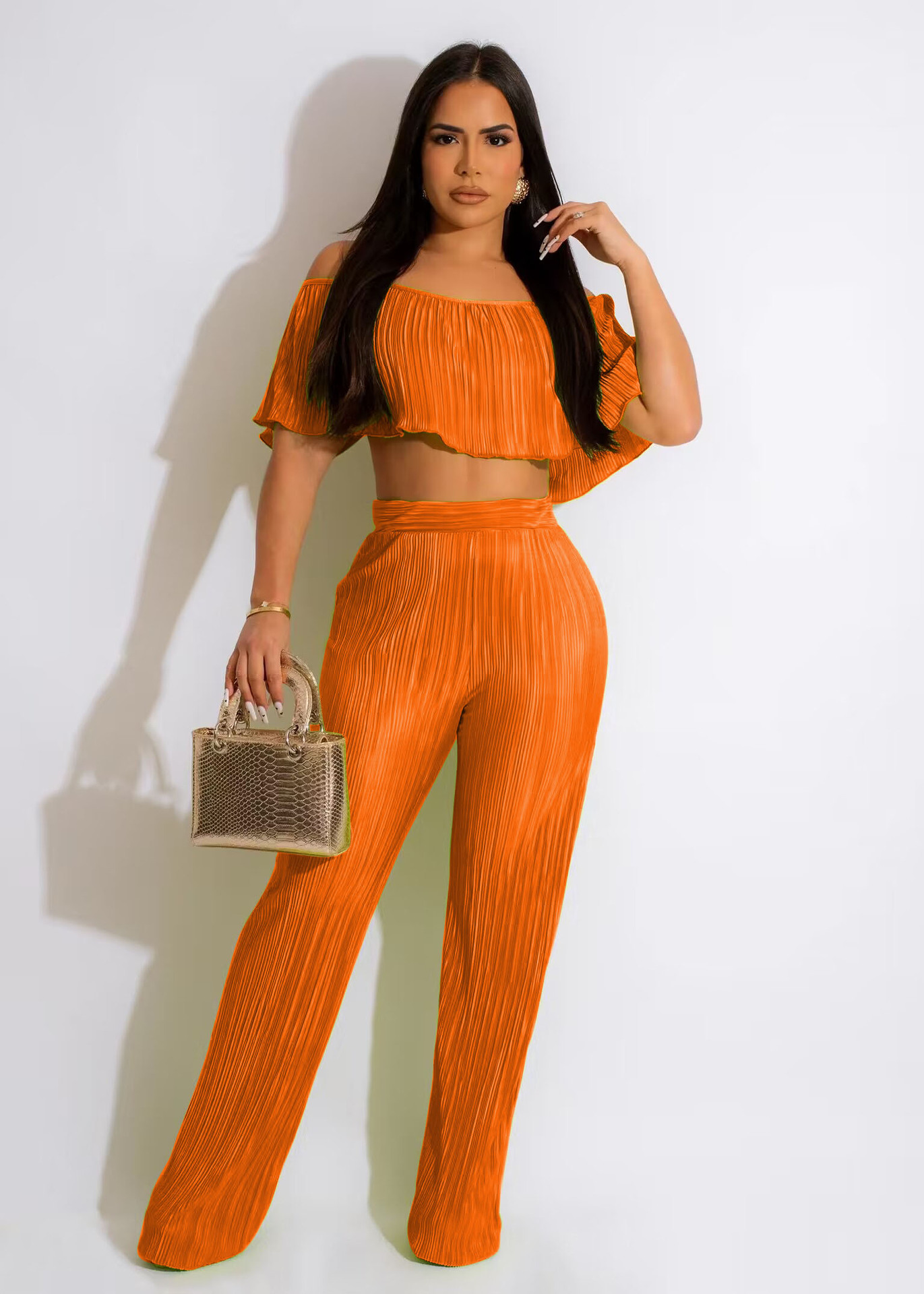Off Shoulder Ruffled Crop Top & High Waisted Wide Leg Pants Set  Castello Clothing Line   