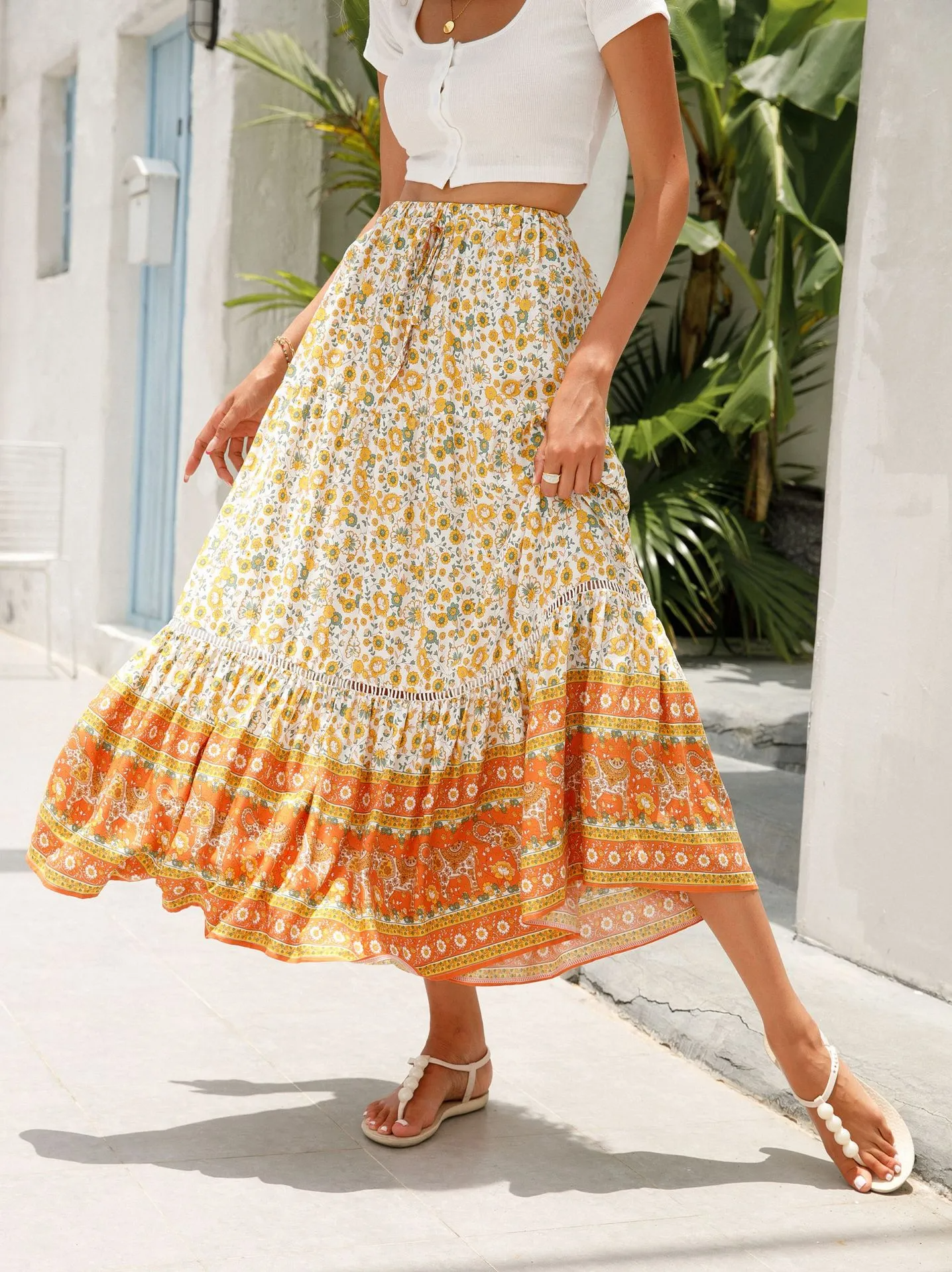 High Waist Floral Maxi Skirt with Stretch Waist Band - Breathable Polyester/Spandex Blend  Castello Clothing Line   